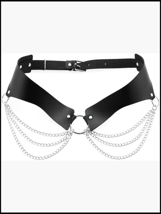 Gothic Punk Body Chain Belt with Metal Chain Tassel Adjustable Buckles O-Ring